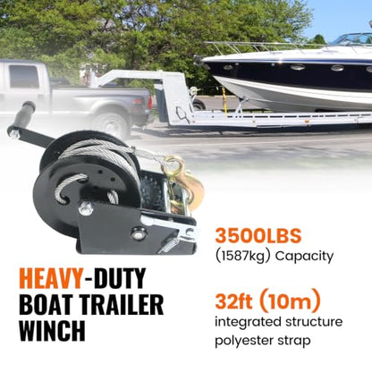 3500lbs Boat Trailer Winch, Heavy Duty Hand Winch with 33ft Cable - color: 3500 lbs Steel Cable
