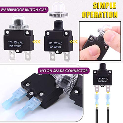 Swpeet 30Pcs 20Amp Thermal Circuit Breaker with Quick Connect Terminals and Waterproof Button Caps Assortment Kit,Waterproof Push Button Circuit Breaker 32V DC 125/250VAC 50/60Hz for Switch Operation - style: 20Amp