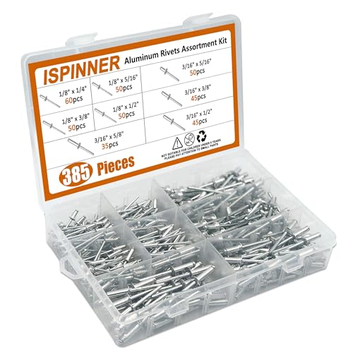 ISPINNER 385pcs 8 Sizes Aluminum Blind Rivets, Pop Rivets Assortment Kit (Silver)