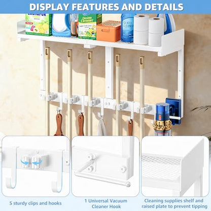 HUFAND Broom Holder Wall Mount, 27" Mop and Broom Organizer with Top Shelf - color: White, size: Large