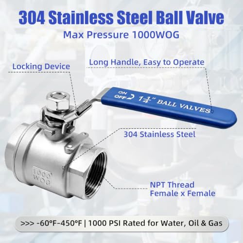 2 Pack 1-1/4" Heavy Duty Ball Valve, 304 Stainless Steel Full Port Female NPT Valve with Locking Device, 1000 WOG for Industrial Plumbing and Fluid Control - size: 1-1/4inch