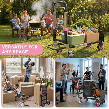 3-in-1 Folding Heavy Duty Hand Truck Dolly Cart Trolley with Wheels (Pink) - color: Pink