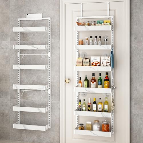 BUKFEN Over the Door Pantry Organizer, 6-Tier Adjustable Basket Spice Rack - color: White pole marble color, size: 6 Tier