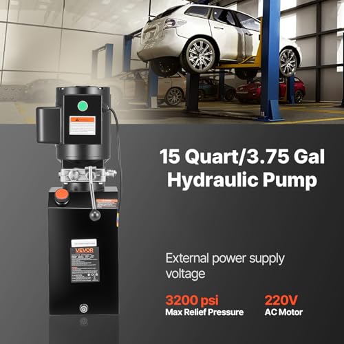 VEVOR Hydraulic Power Unit, 15 Quart Hydraulic Pump, AC 220V Single-Acting Dump Trailer Pump, 3200 PSI Max Relief Pressure, 1.7 GPM Flow Rate, Hydraulic Pump for Dump Trailer Car Lifting - size: 15 Quart