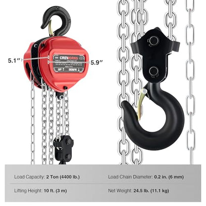 CREWORKS Hand Chain Hoist, 2 Ton 4400 lb Capacity 10 ft Manual Chain Hoist with G80 Load Chain & Double Guide Wheels, Heavy Duty Manual Lever Hoist for Construction Warehouse Automotive Factory - style: Triangle Hand chain hoist, 2 Ton, 10FT