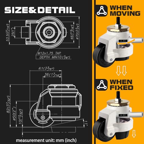 Heavy Duty Wheels, Leveling Stem Casters 2200 Lbs Total Capacity - size: 2 INCH
