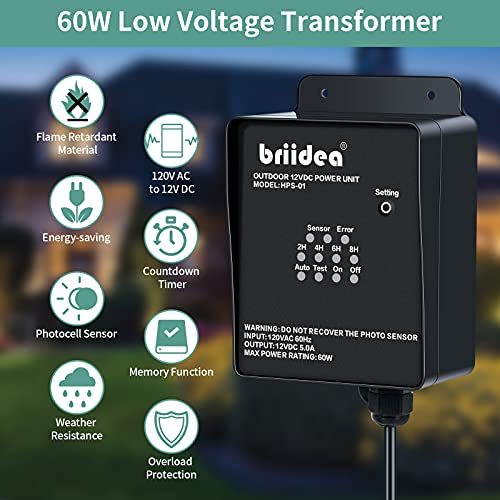 Outdoor Low Voltage Transformer, Briidea 60W 120V AC to 12V DC Landscape Light Transformer with Countdown Timer and Photocell Light Sensor, for Spotlight Pathway Light