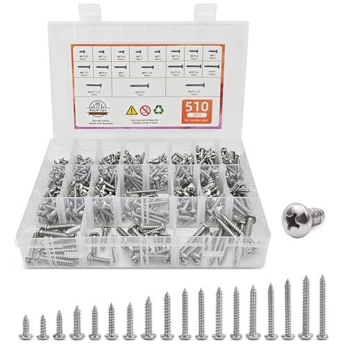 510 PSC Stainless Steel Screw Assortment Kit - #4#6#8#10#12 Phillips Pan Head, Self-Tapping for Wood & Metal - size: 510PCS Silver