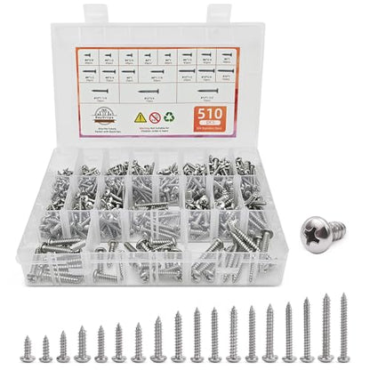 510 PSC Stainless Steel Screw Assortment Kit - #4#6#8#10#12 Phillips Pan Head, Self-Tapping for Wood & Metal - size: 510PCS Silver