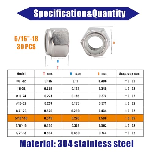 5/16-18 Lock Nut, 30Pcs 304 Stainless Steel Nylock Insert Locking Nuts - size: 5/16"-18 (30 pcs)