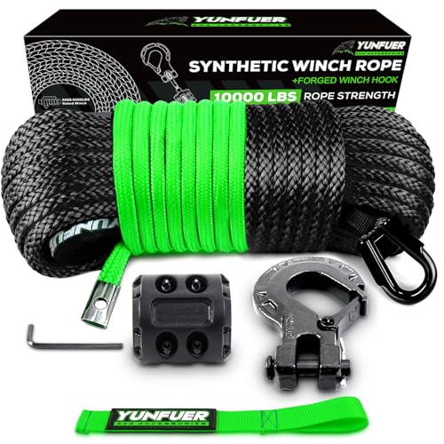 Synthetic Winch Rope Cable Kit, 1/4" x 50ft 10000LBS Black Winch Rope with Protective Sleeve, Forged Winch Hook, Rubber Stopper and Safety Pull Strap for ATV UTV - color: black, size: 1/4"x50ft