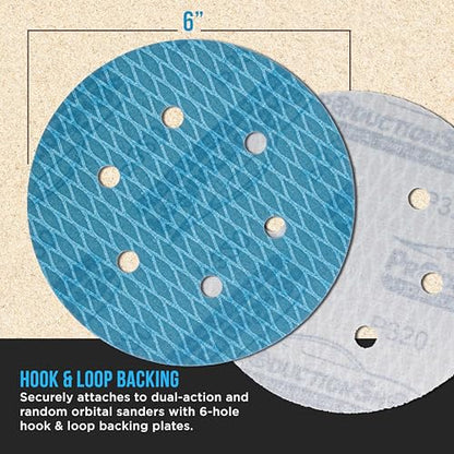 ProductionShop Premium 320 Grit 6" Rhombus Diamond Shape Blue Sanding Discs, 6-Hole, Box of 50 - Hook & Loop Anti-Clogging J-Cloth Dustless Sandpaper for Random Orbital Sanders, Sand Auto Paint, Wood - style: 320 Grit