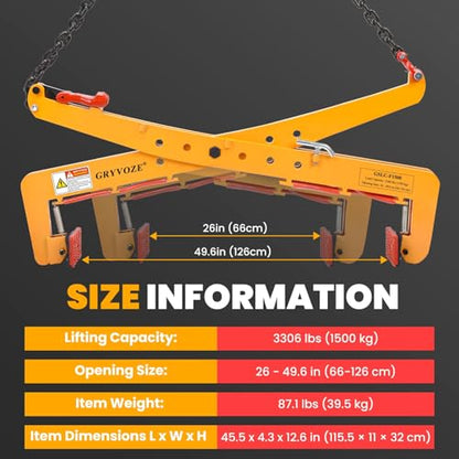 Stone Lifting Clamp, 3306 lb, 26-49.6" Opening, for Granite Slabs