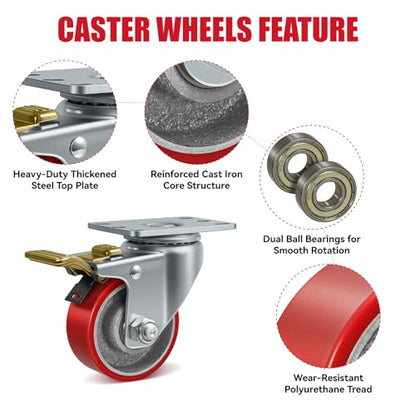 3" Industrial Heavy Duty Casters Set of 4, Polyurethane on Cast Iron Caster Wheels, 4 Total Lock Brake Casters, 1400 lbs Capacity, for Cart, Workbench, Toolbox, Equipment - style: 3" Wheel