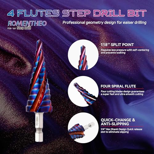 Four Spiral Flute Cobalt Step Drill Bit(Pro),M35 High Speed Steel,1/4" Hex Shank Step Bits for Metal, Stainless Steel, Aluminum, Plastic,3/16" - 7/8"(12 Step Size) - size: 3/16" - 7/8"
