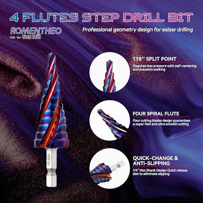 Four Spiral Flute Cobalt Step Drill Bit(Pro),M35 High Speed Steel,1/4" Hex Shank Step Bits for Metal, Stainless Steel, Aluminum, Plastic,3/16" - 7/8"(12 Step Size) - size: 3/16" - 7/8"