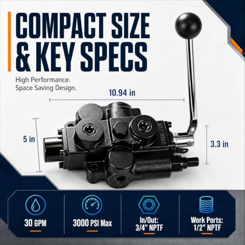 Hydraulic Directional Control Valve, 1 Spool 4-way 3-position Spring Center, 30 Gpm 3000 Psi Monoblock Valve, 3/4 in Nptf In/out, 1/2 in Nptf Work Ports, Lever Handle