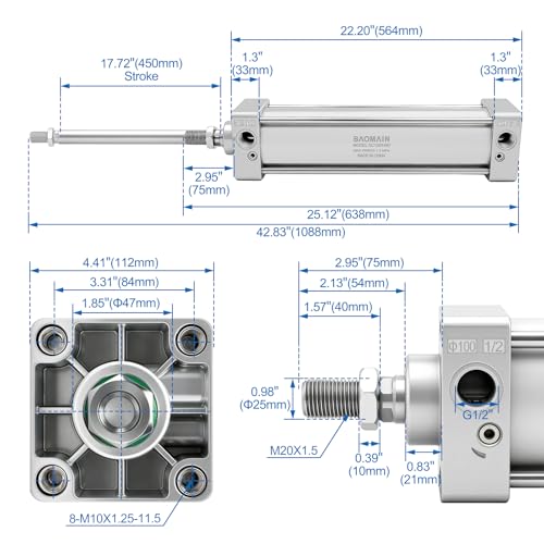 BAOMAIN Pneumatic Air Cylinder 4" Bore 17.72" Stroke SC100x450