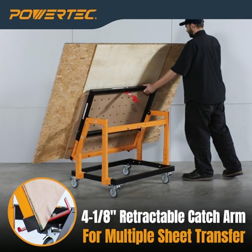 POWERTEC Panel Transfer Cart with Tilting Top - Multi-Purpose Mobile Shop Stand, 220lbs Capacity, 31-37" Adjustable Height, 4" TPR Wheels - 2 Casters with Brake 2 Without (UT1011)