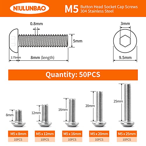 M5 x 8mm 12mm 16mm 20mm 25mm Button Head Socket Cap Screws Bolts 304 Stainless Steel Metric Machine Allen Hex Drive, Fully Threaded, Assortment Kit 50PCS - size: M5 x 8/12/16/20/25mm (50PCS)