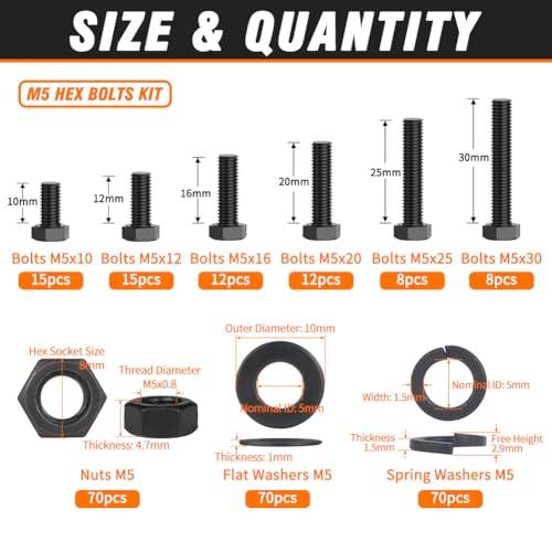 12.9 Grade Bolts and Nuts Assortment, 280pcs M5 Hex Bolt Nut Washers Kit - size: M5 Kits
