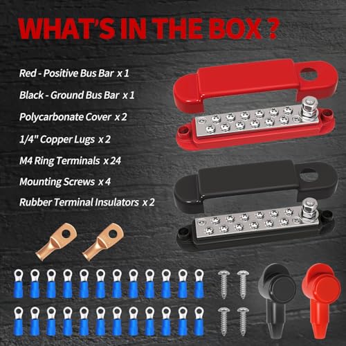 Marine Bus Bar 150A 1/4" Studs 12V Power Distribution Block with Cover, 12 Volt DC Copper Battery Busbar for Boat Automotive Solar Wiring (Positive & Ground)