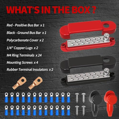 Marine Bus Bar 150A 1/4" Studs 12V Power Distribution Block with Cover, 12 Volt DC Copper Battery Busbar for Boat Automotive Solar Wiring (Positive & Ground)