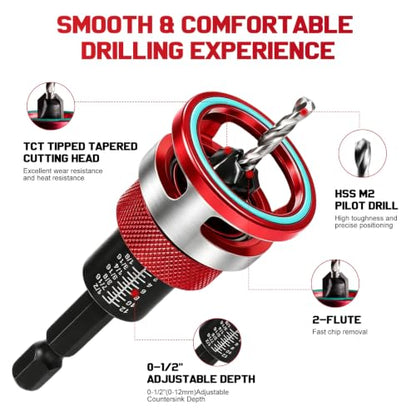 9Pcs Countersink Drill Bit Set,5PCS Two-Flute TCT Alloy Tapered Drill Bits,Adjustable Depth Stop Collar,1/8 9/64" 5/32" Drill+3/8”82°Counter-Bore,11/64"3/16" Drill+1/2" 82°Counter Bore,1/4” Hex Shank - size: 9pcs