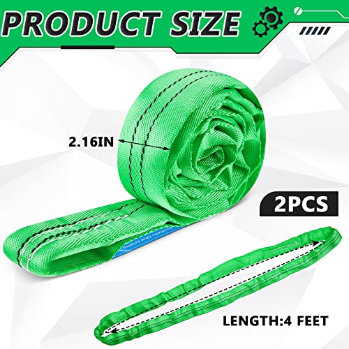 Fabbay 2 Pcs Green Polyester Round Sling Lifting Straps for Hoist Heavy Duty Object Poly Endless Slings for Hoisting Towing, 5, 300 Lbs Vertical Capacity, 4, 240 Lbs Choker, 10, 600 Basket(4 Ft)