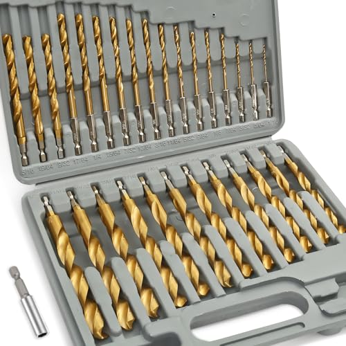COMOWARE Titanium Impact Drill Bit Set 30Pcs Hex Shank HSS, 1/16"-1/2" - color: Gold 30pcs