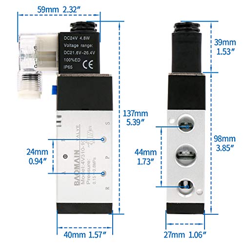 Baomain Pneumatic Solenoid Valve 4V310-10 DC 24V PT 3/8" 2 Position 5 Way Single Coil Pilot-Operated Electric Control with 3 Fitting and 2 muffler (DC 24V) - style: DC 24V