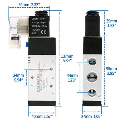 Baomain Pneumatic Solenoid Valve 4V310-10 DC 24V PT 3/8" 2 Position 5 Way Single Coil Pilot-Operated Electric Control with 3 Fitting and 2 muffler (DC 24V) - style: DC 24V