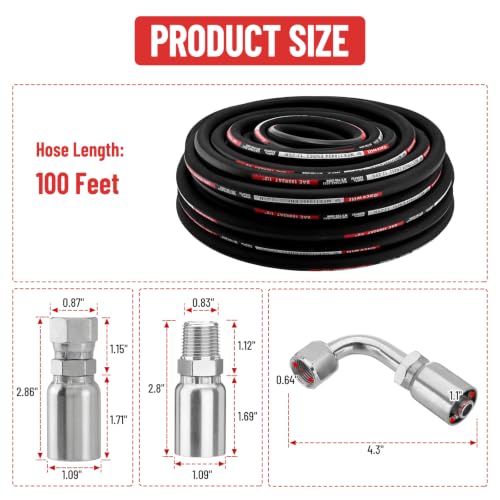 100FT 1/2" Hydraulic Hose with 24PCS Hydraulic Hose Fittings - size: 1/2" Hydraulic Hose - 100FT
