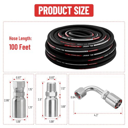 100FT 1/2" Hydraulic Hose with 24PCS Hydraulic Hose Fittings - size: 1/2" Hydraulic Hose - 100FT