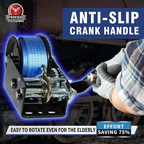 Boat Trailer Winch Hand Winch 3500lbs Heavy Duty Hook with 33ft (10m) Polyester Strap Hand Crank Winch, Two Way Ratchet Boat Winch for Trailer Truck ATV Boat (Pack of 2) - size: 3500lbs with Blue Polyester Strap (Pack of 2)