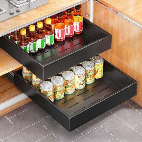 2Pack Pull out Cabinet Organizer, 21"Deep, Heavy Duty Full-extension Slide out Drawers for Kitchen Cabinet, Roll out Shelf Storage with Nano Adhesive for Pots,17"W x 21"D x 3.1"H, Black - color: Black, size: 17" Wide-21"Deep (2Pack）