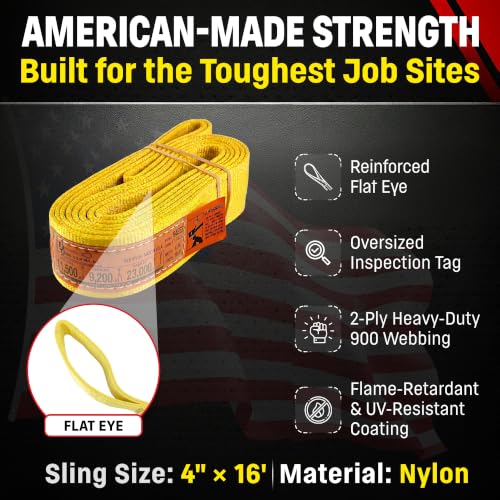 DD Sling 4 Inch x 16 Foot Nylon Lifting Sling – USA Made, 11,500 lb Vertical, 9,200 lb Choker, 23,000 lb Basket – 2-Ply Heavy Duty 900 Webbing, Type 3 Flat Eye & Eye Rigging Sling - size: 4"x16'