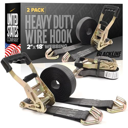 US Cargo Control Blackline Ratchet Straps Heavy Duty (2-Pack), 2 Inch x 18 Foot Black Ratchet Straps with Double J Hooks, 13,000 LBS Break Strength, Heavy Duty Tie Downs for Trucks and Trailers - size: 2" x 18' (Pack of 2)