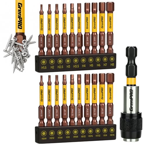 GRENPRO 2.5" Allen Wrench Drill Bit Set, 21-Piece Metric & SAE Hex Bits Set - color: Yellow