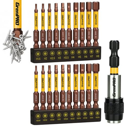 GRENPRO 2.5" Allen Wrench Drill Bit Set, 21-Piece Metric & SAE Hex Bits Set - color: Yellow