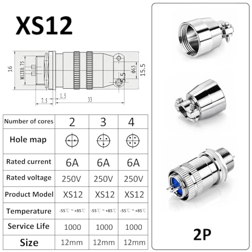 CLYXGS 4 Pack XS12 Aviation Plug Connector, 2 Pin 12mm Push-Pull Circular Connector, 6A 250V Quick Disconnect Wire Cable Male & Female Plug Socket Kit for Industrial, Automotive, and Marine - style: XS12-2