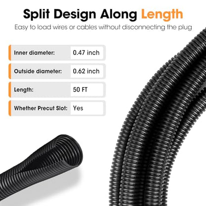 50 FT Wire Loom 1/2 Inch, Split Wire Loom Tubing Wire Conduit, Wire Protector Tubing – Black - color: 1/2" x 50ft-Black