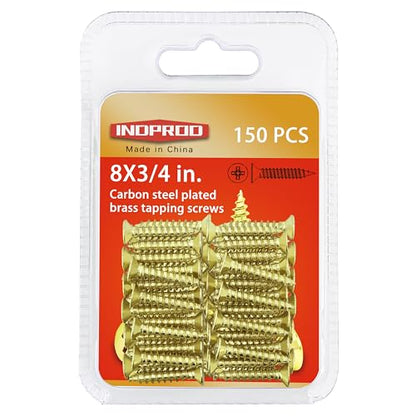 #8 x 3/4" Wood Screw, Phillips Flat Head Self Tapping Screws, Brass Plated Carbon Steel, Brass Plated Screws for Wood, Wood Screws #8 X 3/4 Inch, 150Pcs - size: #8 × 3/4"