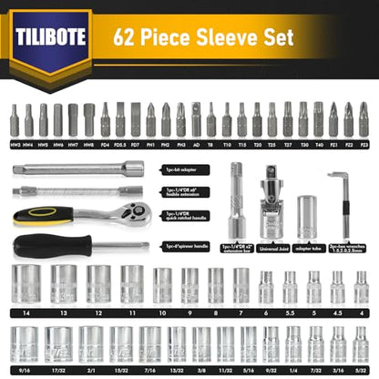 TILIBOTE Socket Wrench Set, 62PCS 1/4" Ratcheting Wrench Set With 72 Tooth count Ratchet, SAE & Metric From 5/32" - 9/16 ", 4mm - 14mm,tool Set For home And car,motorcycle,bike Repair - size: 1/4
