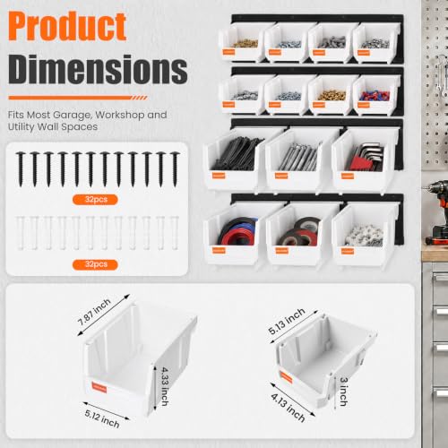 14pc Wall-Mounted Storage Organizer Mixed V1 V2 Combo White - color: White, size: V1-8Bins&V2-6Bins&4Rails