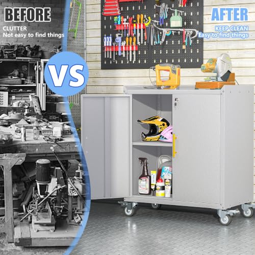 35.6" Rolling Metal Garage Storage Cabinet with Wheels & Lock, Grey White - color: Grey White, size: 18"D x 30"W x 35.6"H