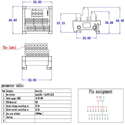2 in 8 Out 25A DIN Rail Terminal Blocks Distribution Breakout - style: 2 IN 8 OUT