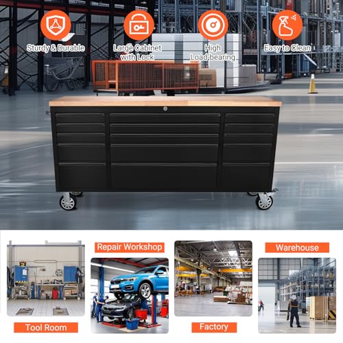 72" Heavy-Duty Rolling Tool Chest & Garage Workbench with 15 Drawers, Steel Cabinet, Rubber Wood Top, Key Locking System, Drawer Liners, On Wheels for Warehouse Repair Shop, Black - size: 72 Inch Black