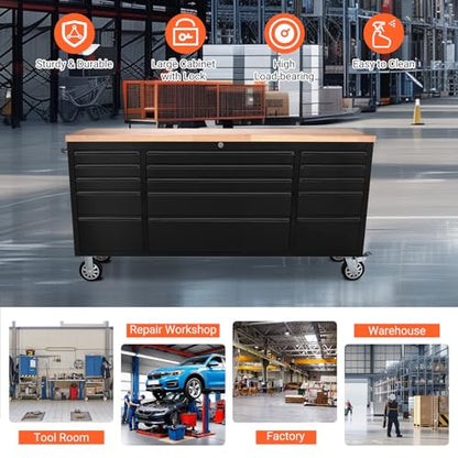 72" Heavy-Duty Rolling Tool Chest & Garage Workbench with 15 Drawers, Steel Cabinet, Rubber Wood Top, Key Locking System, Drawer Liners, On Wheels for Warehouse Repair Shop, Black - size: 72 Inch Black