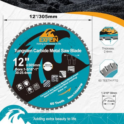 12 Inch 60T Metal Circular Saw Blade - EXFEIN Tungsten Carbide Tipped Saw Blade Arbor 1-3/16" for Metal Sheet or Pipe, Angle Iron, Rebar, Ferrous Metals, Non-Ferrous Metals - size: 12"
